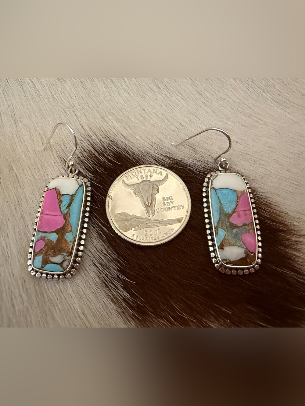 ❤️ Cotton Candy Turquoise Navajo Style Sterling Statement Dangle Earrings 1.77”L - Picture 6 of 12
